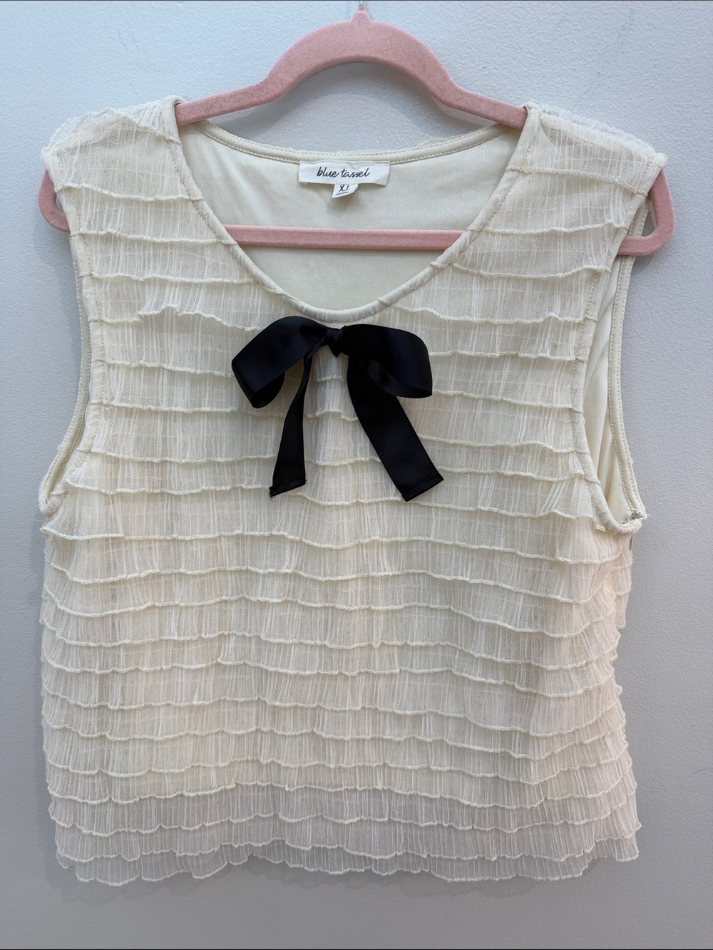 Anthropologie Blue TasselCream Ruffled Sleeveless Top with Black Bow